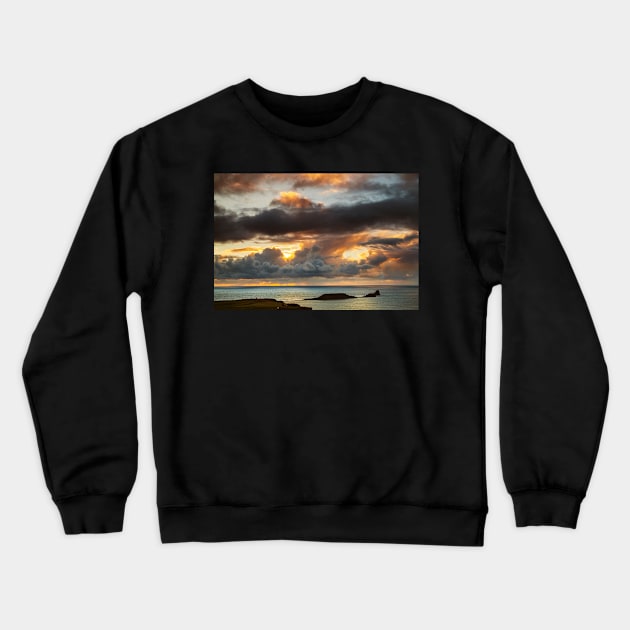 Worms Head and Rhossili Bay from Rhossili Down, Gower, Wales Crewneck Sweatshirt by dasantillo